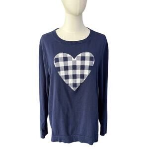 J.Crew Teddie Sweater Women's XXL (XL) Navy Blue Gingham Heart 100% Cotton